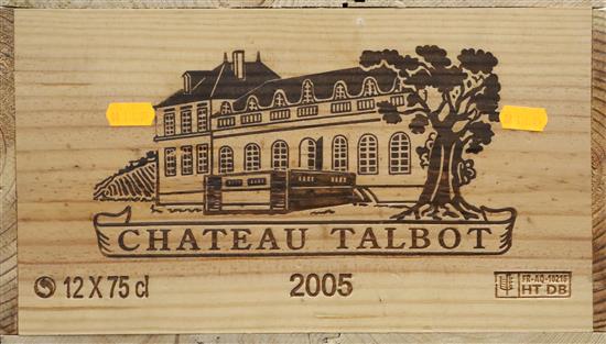 A case of twelve bottles of Chateau Talbot, Saint Julien, 2005, in unopened wooden case.